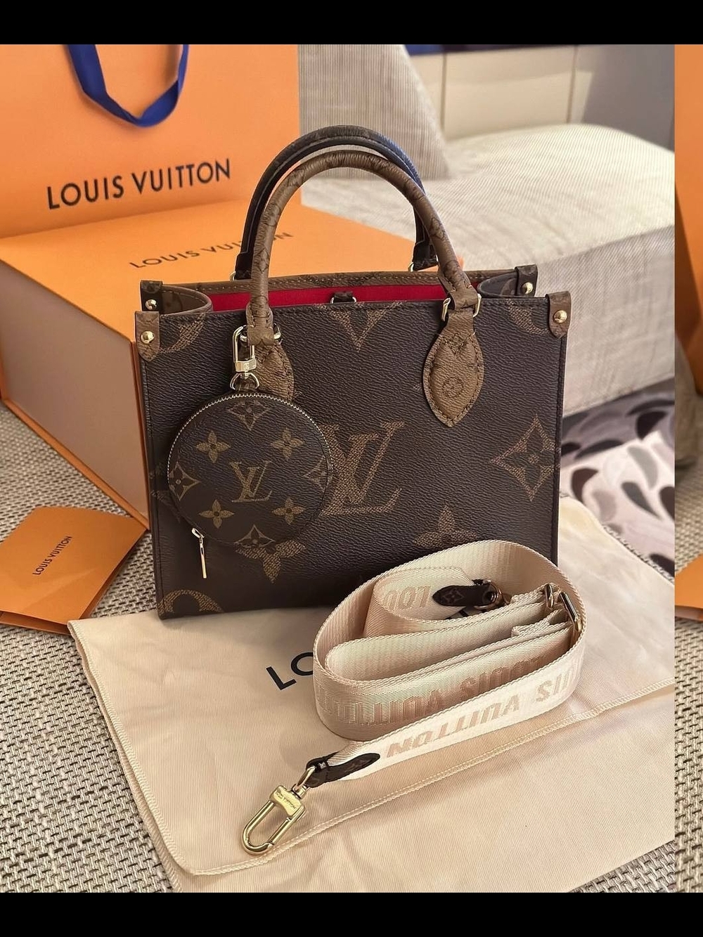 Louis Vuitton Brown Monogram Tote with Red Interior and Coin Pouch